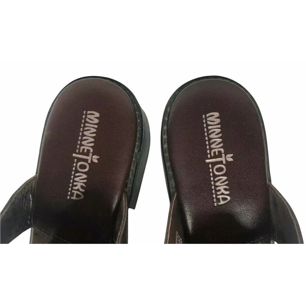 Womens Minnetonka 6052 Brown Leather Horsebit Medallion Cap Toe Mule Clogs Sz 7 - Picture 9 of 11